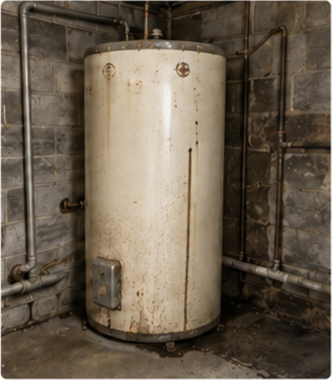 Older worn cream hot water cylinder in a basement utility space